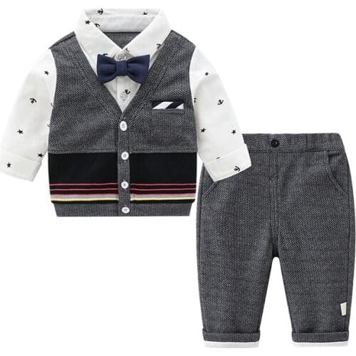 Baby Boy Clothes Set ,Infant Gentleman Long Sleeve Shirts Fake two vests +Pants +Bow Tie Outfits Suits