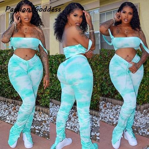 Street Women Two Piece Tie-dye Print Set Lounge Wear Outfits Crop Shirts Drawstring Long Leggings Pants Suits Jogger 2 Piece Set