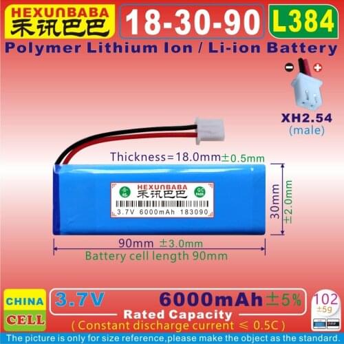 [L384] 3.7V 6000mAh [183090] XH2.54/2P;PLIB ; polymer lithium ion / Li-ion battery for tablet pc,POWER BANK;GPS,mp4,speaker