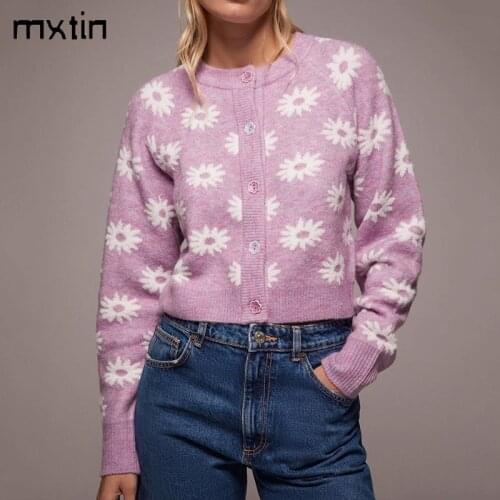 MXIN 2021 Women Fashion Floarl button Cardigan Knitted Pullover Sweater Vintage O Neck Long Sleeve Female Outwear Chic Tops