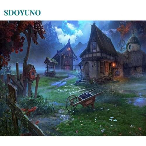 SDOYUNO 60x75cm Paint by numbers For Adults Landscape Oil Painting By Numbers On Canvas Frameless Village night DIY Home Decor
