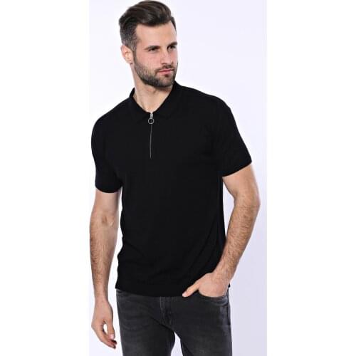 Polo Neck Plain Black Knitted T-Shirt