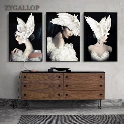 Fashion Woman Posters And Prints Pigeon Feather Hat Canvas Painting Nordic Wall Art Home Decor Modular Pictures for Living Room