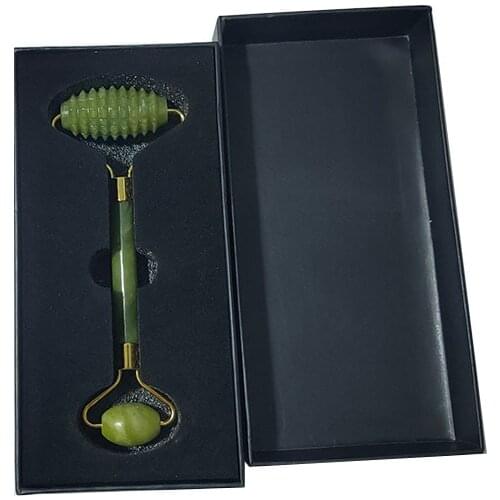 New Double Head Green Jade Roller Facial Massage Roller Natural Stone Face Massager Thin face Relaxation Slimming Tool With Box