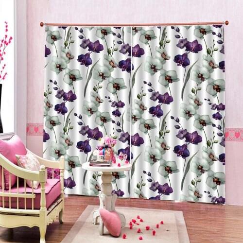 Luxury Blackout Window Curtain For Living Room White purple flower Window Drapes Home Decor Set (lfet and right side)