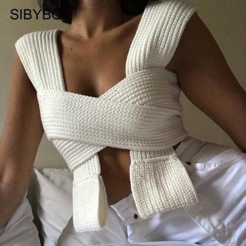 Sibybo Summer Sleeveless Knitted Crop Tops Women White Sexy Bandage Slim Tanks Top 2021 Femme Streetwear Casual Sweater Vest Tee