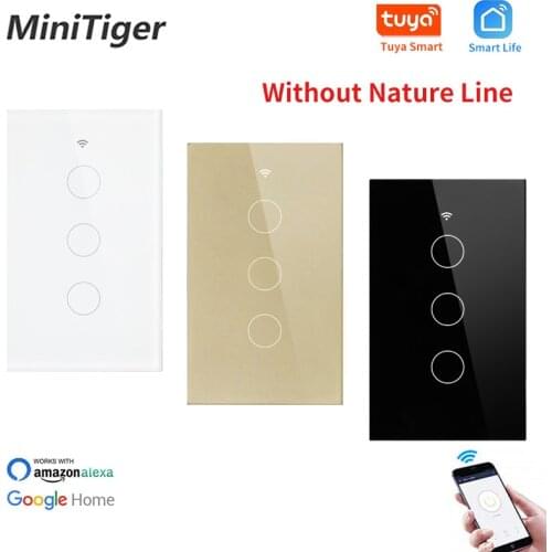 Minitiger US Standard Glass Panel 3 Gang 1 Way Wifi Touch Switch Tuya Control Wifi Smart Automation Wireless Single Fire Line