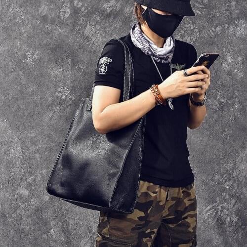 Men Tote Bag Vintage Handmade Genuine Leather Handbag Female Retro Shoulder Bags Top Layer Soft Leather Unisex Black