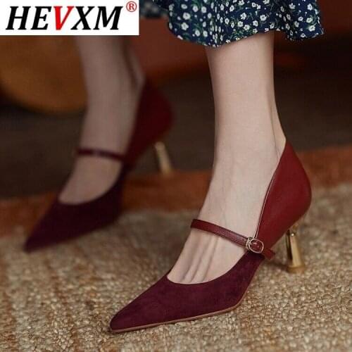 2021 Fashion Pointed Toe Shoes Woman Genuine Leather Metal Buckle High Heels Pumps For Girls Wedding Party Shoes For Women