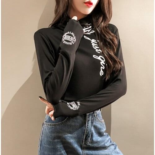 Women Simple Casual Thick Letter Print T-Shirt Female Fashion Slim Thin High Collar Long-Sleeve Bottoming Wild Casual T Shirts