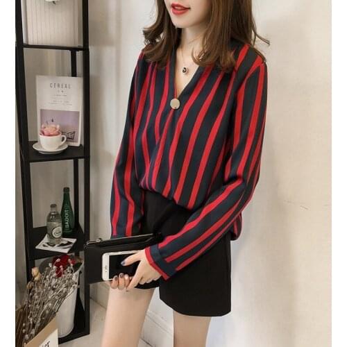 Women Striped Chiffon Blouses Spring Summer 4XL Oversize Shirts Lady Casual Long Sleeve V-Neck Loose Blusas Top pullover clothes