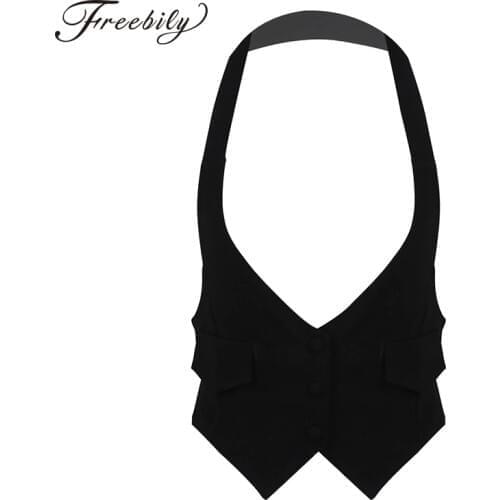Women Casual Solid Halter Neck Short Suit Vest Backless with Belt Self-tie at Back Button Down Fully Lined Waistcoat Vest
