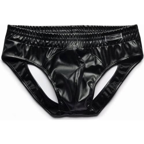 100% PU Leather Crotchless Underwear Sexy Gay Mens Swimwear Swim Briefs See-through Peach Buttock Swimsuit Beach Bathing Suit