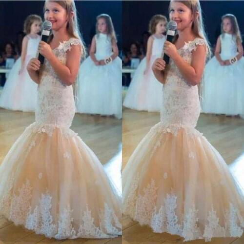 2020 lovely Champagne mermaid Flower Girls Dresses princess For Weddings Ivory lace puffy tulle Birthday Girl Communion Pageant