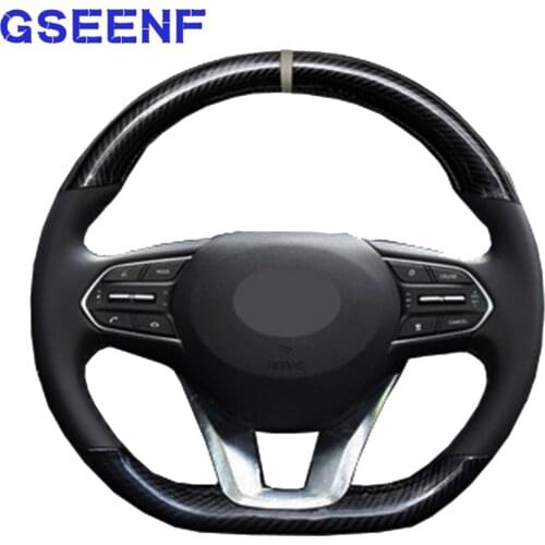 Car Accessories Steering Wheel Cover For Hyundai Santa Fe 2019 Black Hand-stitched Comfortable and Soft Carbon fiber leather