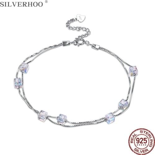 SILVERHOO 925 Sterling Silver Bracelets For Women Geometric Square Austria Crystal Adjustable Charm Bangle Bracelet Jewelry Gift