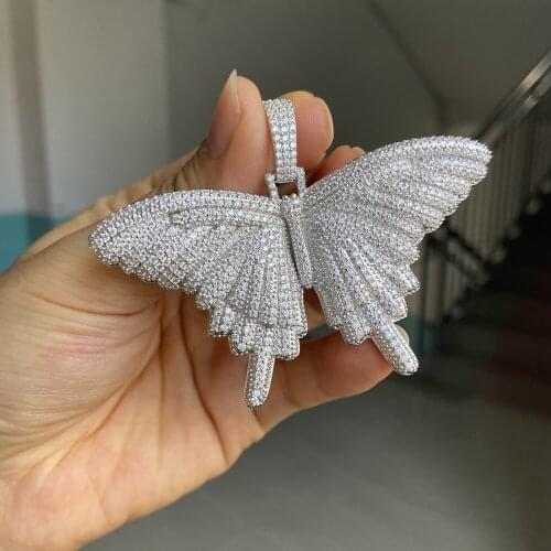 Solid S925 Silver Iced Out Synthetic Moissanite Diamond Butterfly Shape Hip Hop Pendant Necklaces for Hip Pop