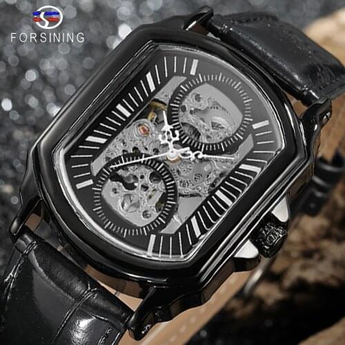 Forsining 2019 Black Display Openwork Clock White Hands Unique Two Small Circle Design Mens Automatic Watches Top Brand Luxury