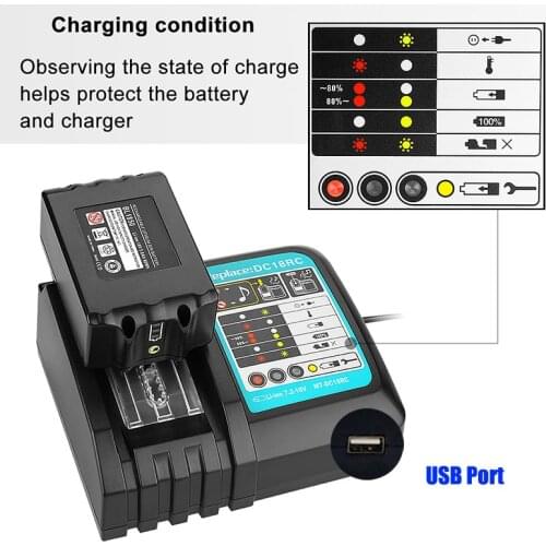 DC18RC Rapid Charger Replacement Power Tools Li-ion Charger 7.2V-18V for Makita Power Tool Battery DC18RA DC18RC with USB Port