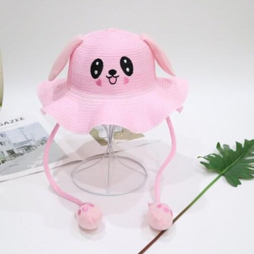 Kids Baby Hats 4-10YBeach Straw Cap Bucket Hat Fashion Baby Cartoon Moving Rabbit Ears Sun Protection Gift Unisex Summer Outdoor