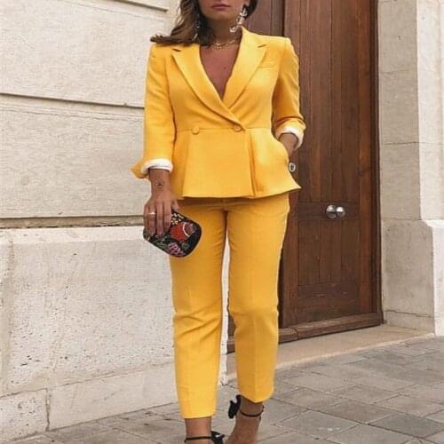 Double Breasted Peak Lapel Stylish Office Lady Yellow Womens Suit Set For Work Slim Fit Casual Plus Size Jacket Blazer Pants