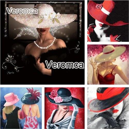 Elegant Lady Full Square Round Diamond Embroidery Woman with Hat Diamond Painting Cross Stitch Rhinestone Diy Mosaic Home Decor