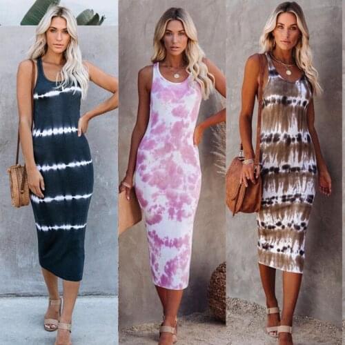 Summer Dress Womens 2021 New Fashion Casual O-neck Sleeveless Slim Midi Dresses Tie Dye Beach Party For Women Robe Femme