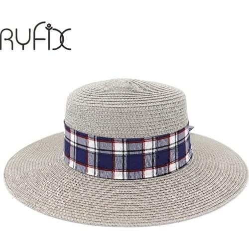 New flat edge straw hat ribbon check sun hat British wind sun hat sun block hat female HA72