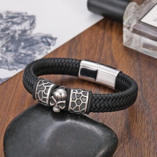TeHaoBohemian Charm Mens Jewelry 316L Stainless Steel Ghost Head 12mm*6mm Bracelet Bangle Black Leather Magnetic ButtonBracelet