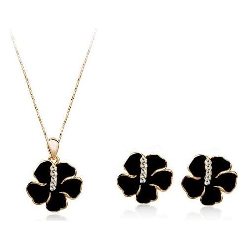 Ociki Rose Gold Color CZ Crystal Black Flower Necklace and Earring Jewelry Set for Women Girls Gift Drop Shipping Wholesale
