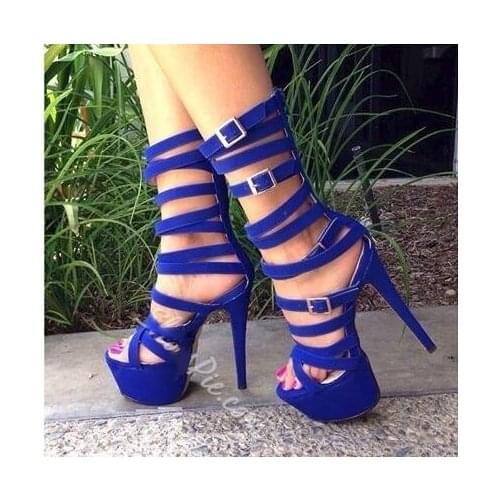 Sexy Cut-Outs Buckle Knee High Sandals Blue Leather Peep Toe High Platform Gladiator Sandals Shoes Women Strappy Sandals Shoes