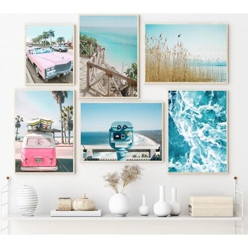 Tropical Summer Sea Landscape Poster Print Camper Car Surfboard Canvas Art Painting Seascape Picture Living Room Wall Decoration