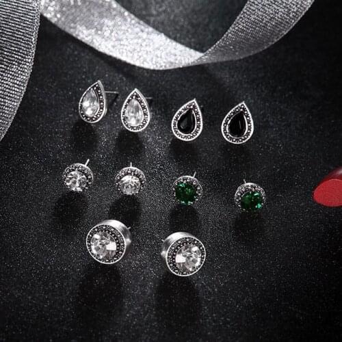 5 Pairs Gothic Water Drop Stud Earrings Set For Women Girls Green Black Crystal Gemstones Ear Studs Fashion Jewelry Gifts