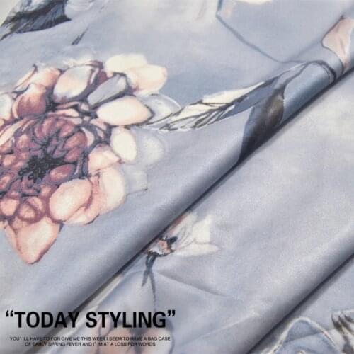 LEO&LIN Light Blue Gray Large Wide Large Flower Elegant Silk Cotton Satin Clothing Cloth Fabric DIY Textile Tissue