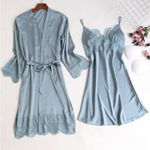 Silk robe & gown set sexy sleepwear women lingerie dressing summer pajamas lace bathrobe lounge sleep set home pijamas