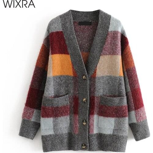 Wixra Plaid Full Sleeve Soft Sweater Womens New Single-Breasted Female England Style Cardigan Knitted Autumn Coats