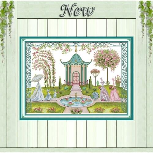 Backyard garden flower girls peacock painting Counted Print on canvas DMC 11CT 14CT Cross Stitch kits Needlework Sets embroidery