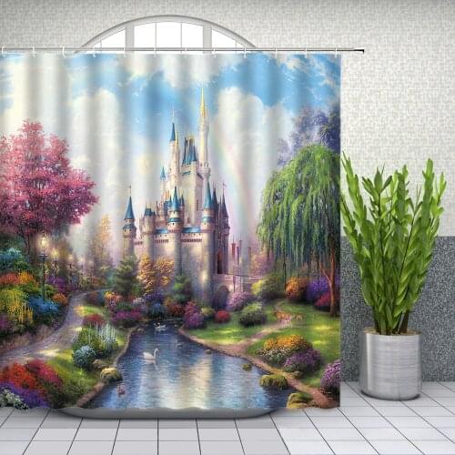 Retro Oil Painting Courtyard Landscape Shower Curtains Garden House Bathroom Decor Waterproof Polyester Fabric Curtain Set