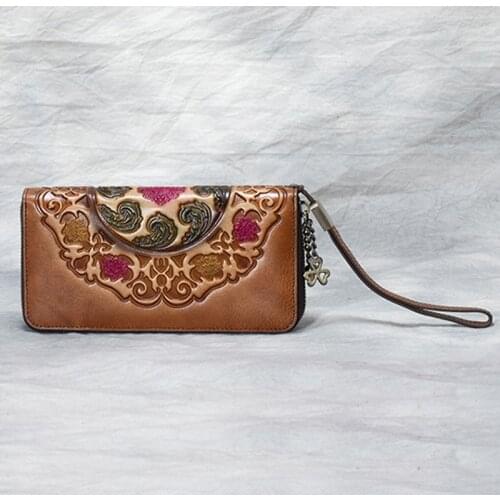 Genuine Leather Women Wrist Clutch Bag Wallet ID/Credit Cards Holder Multi-Purpose Printing Retro Female Handy Bags Long Purse