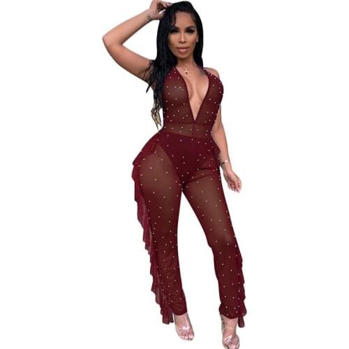 Sexy Pearls Beading Sheer Mesh Jumpsuit Women Deep V-neck Halter Ruffles Open Back Night Club Party Romper Female Club Overalls