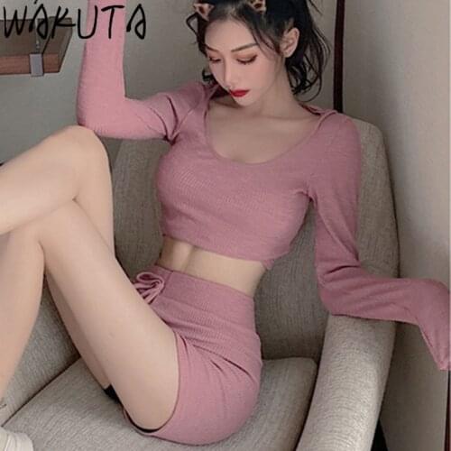 WAKUTA Casual Running 2 Piece Set Women Pink Short Long Sleeve Hoooded Tops and High Waist Skinny Shorts Sports Suits Streetwear