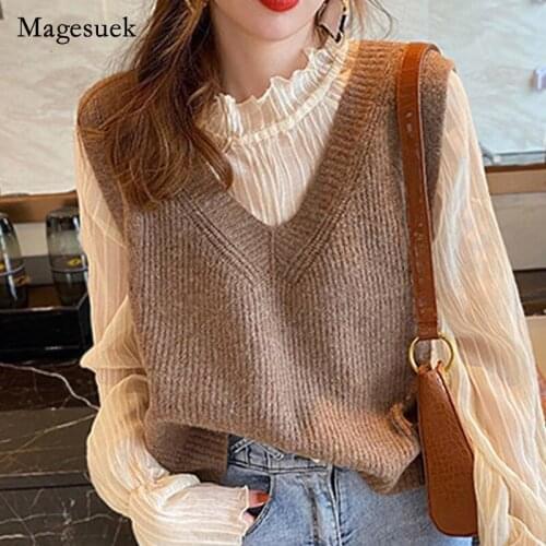 Autumn Fashion 2021 Loose Outer Solid Sweater Lady V-neck Knitted Vest Women All-match Sleeveless Pullover Vest Waistcoat 16088