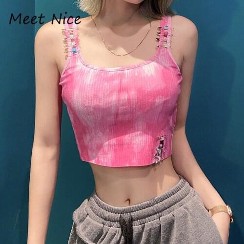 New Fashion Tie Dye Summer Tank Tops Streetwear Ribbed Pin Buckle Crop Top Casual Women Pink O Neck Basic Top