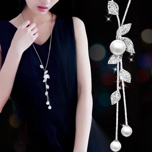 Ladies Silver Color Chain Long Necklace Pendant Jewelry Accessories Fashion Simulation Pearl Leaf Tassel Necklace