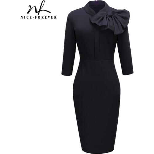 Nice-forever Vintage Elegant Floral with Black Bow Work vestidos Office Business Party Bodycon Women Sheath Dress btyB244