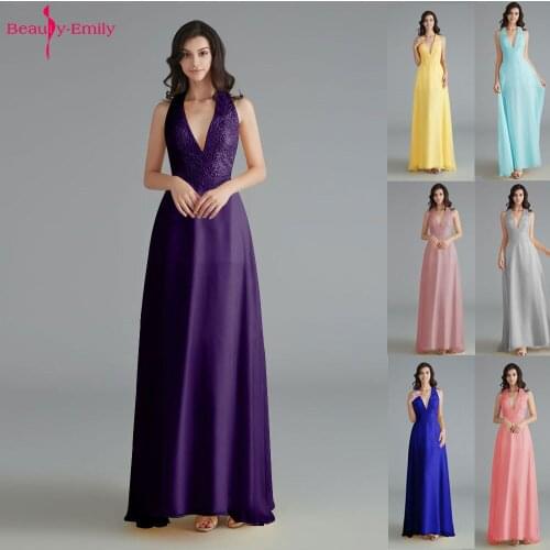 Beauty Emily V Neck Beads Lace 2019 Bridesmaid Dresses Sleeveless Chiffon Wedding Party Dress Open Back Vestido de dama de honor