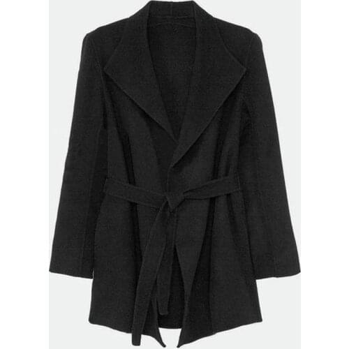 Savabien Europe Style Women Coat Winter Autumn Female Deep V Neck Belted Vintage Wool Coat Cardigan Elegant Black Overcoat