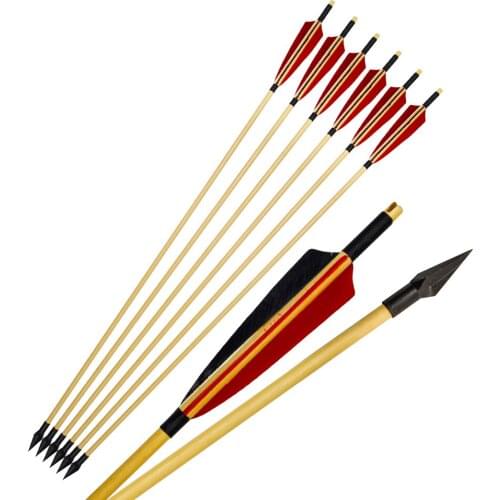 6pcs Archery Hunting Wooden Arrows with Arrowhead Tips And Real Feather for Recurve Long Bow Outdoor Shooting Target