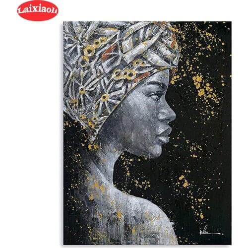 5D Diamond Embroidery black and white gold African woman Diamond Painting Full Square round Mosaic Cross Stitch Handmade Gift