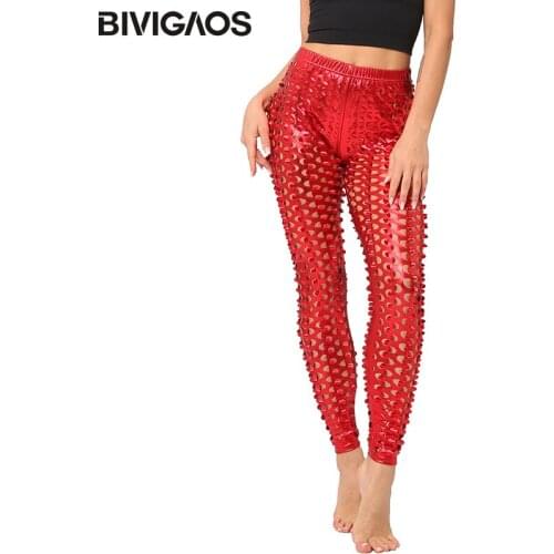 BIVIGAOS Women Sexy Leggings Rock Style Metal Holes Bright Faux Leather Leggings Fish Scales Legging Pants Gothic Leggings Women